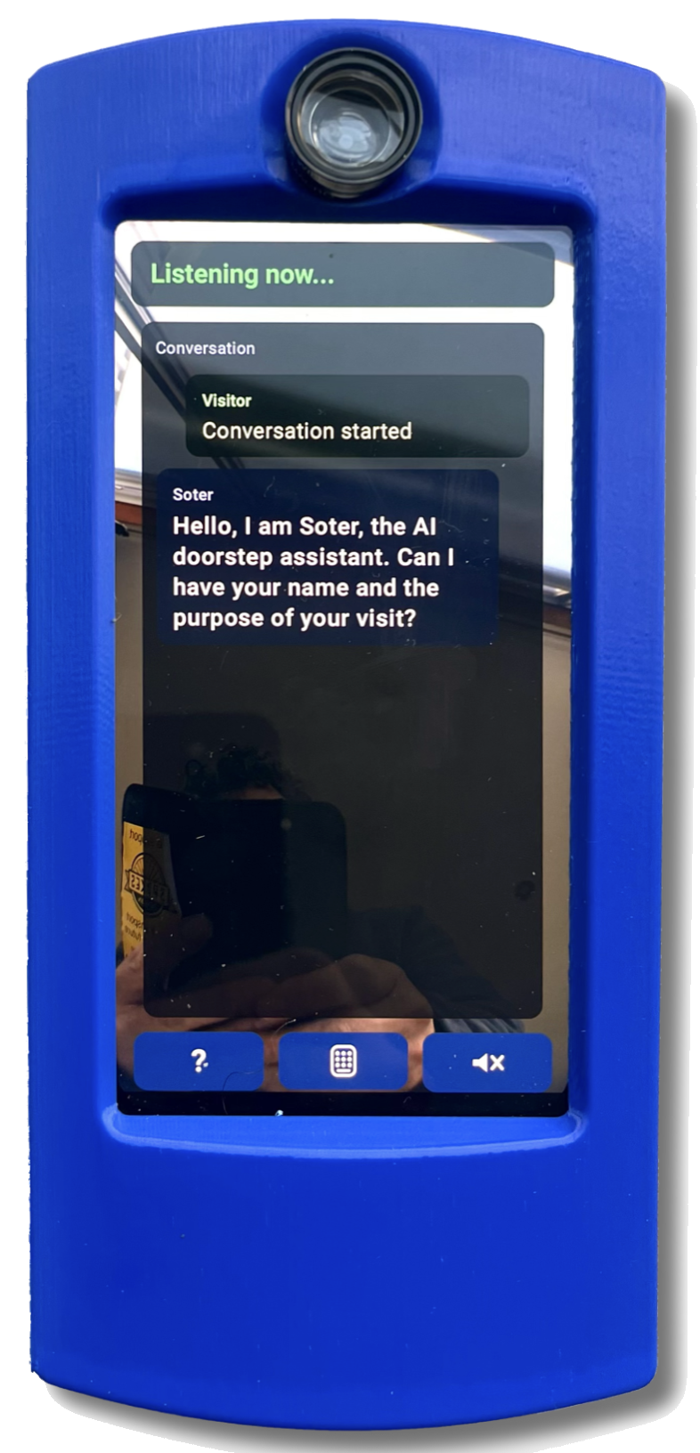 Soter doorstep assistant unit greeting a visitor: 'Hello, I am Soter, the AI doorstep assistant. Can I have your name and the purpose of your visit?'